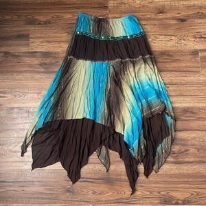 Vintage Handkerchief Maxi Skirt Brown Blue Women Small Beaded Fairycore Festival